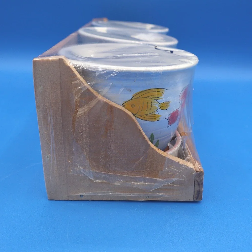 Set of 3 Ceramic Planters Pots Decorative Fish Design with Wooden Tray